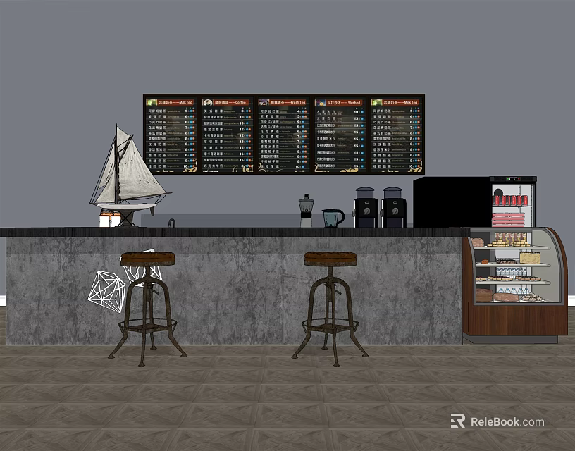 Coffee Shop Counter With Bar Stools Menu Boards Coffee Machines And Display Case 3d model 