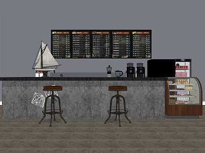 Coffee Shop Counter With Bar Stools Menu Boards Coffee Machines And Display Case 3d model