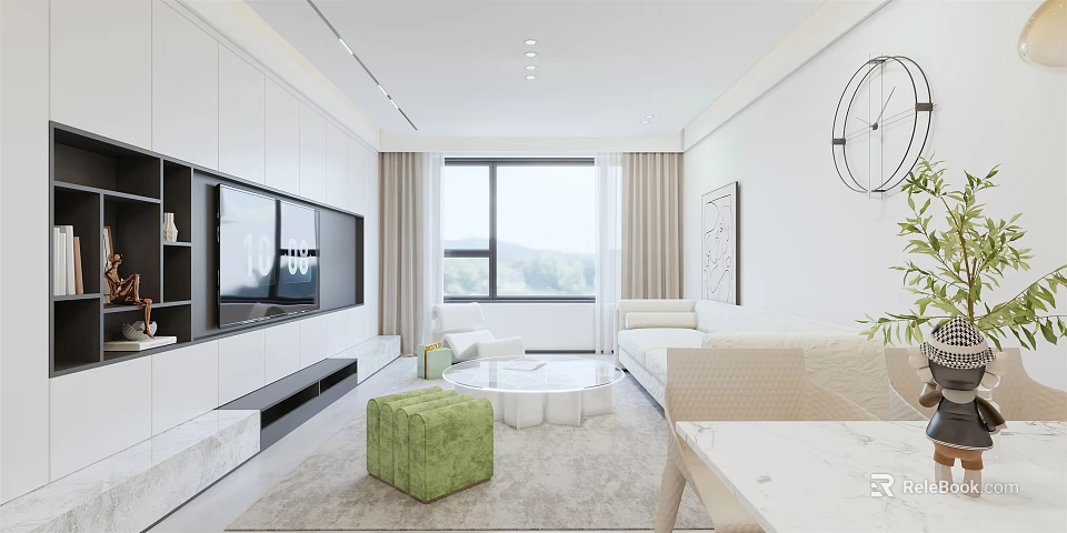 Modern Living And Dining Room Interior With White Walls Sofa Green Stool And Window Curtains 3d model 