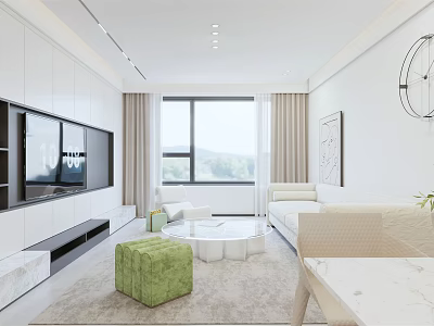 Modern Living And Dining Room Interior With White Walls Sofa Green Stool And Window Curtains 3d model