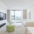 Modern Living And Dining Room Interior With White Walls Sofa Green Stool And Window Curtains