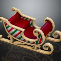 Ornate Christmas Sleigh With Golden Curved Frame Red Seat And Striped Decor