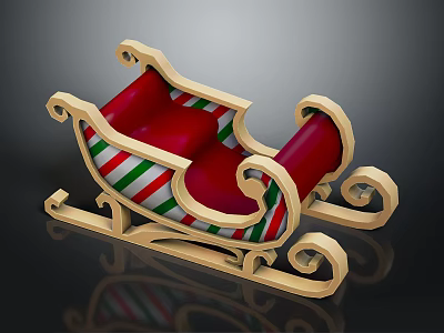 Ornate Christmas Sleigh With Golden Curved Frame Red Seat And Striped Decor 3d model