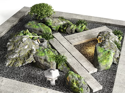 Rockery Stones With Green Moss Stone Path Gray Gravel Bush And Small Lantern In Garden 3d model