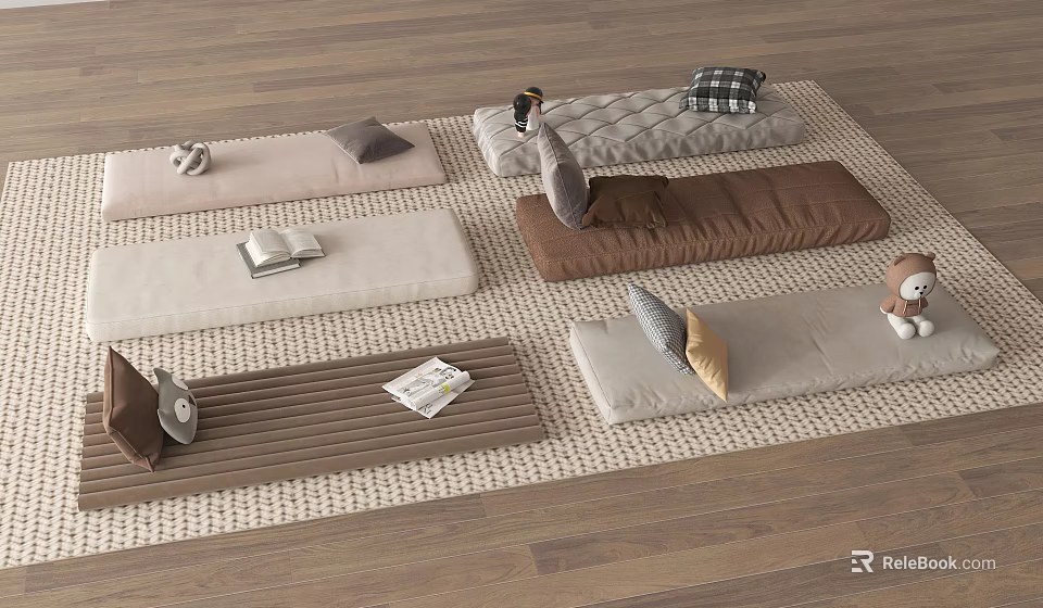 Colorful Textured Floor Cushions with Pillows Books and Stuffed Toys on Wooden Floor 3d model 