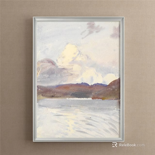 Landscape Painting With Soft Tones Mountains Lake Sky Clouds And Water Reflections 3d model 