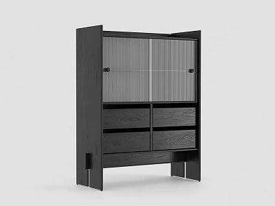 Modern Black Sideboard For Dining Room With Glass Doors And Wooden Drawers 3d model