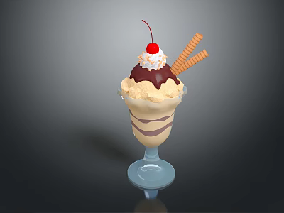 Creamy Ice Cream Sundae Topped with Chocolate Sauce Cherry and Waffle Sticks in Glass 3d model