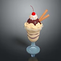 Creamy Ice Cream Sundae Topped with Chocolate Sauce Cherry and Waffle Sticks in Glass