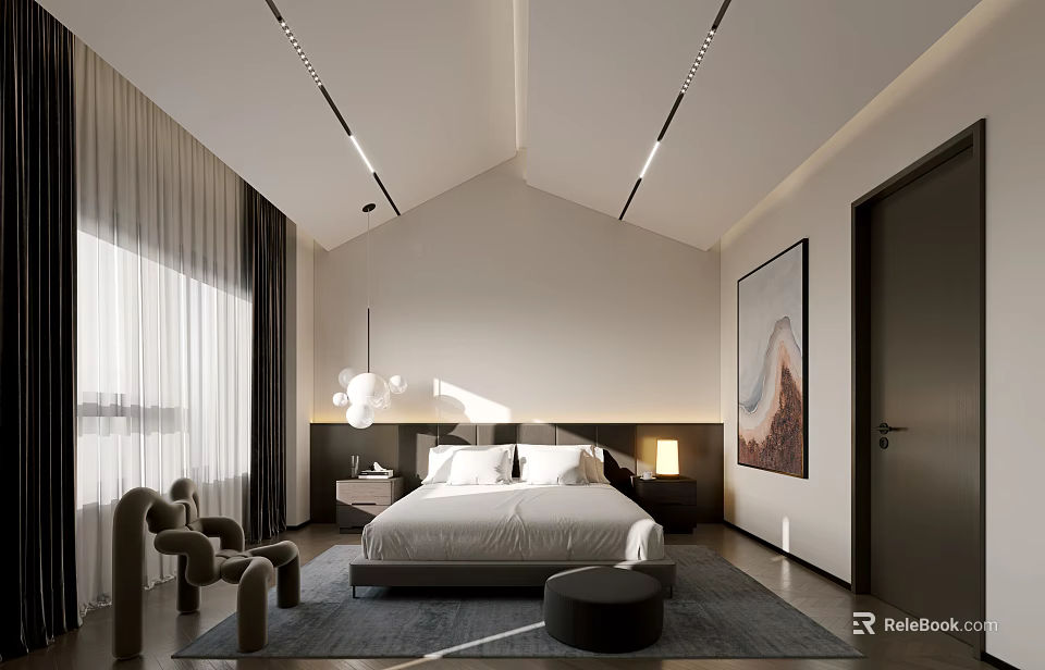 Modern Minimalist Bedroom Interior With King Bed Pendant Light Nightstands Curtains Area Rug And Artwork 3d model 