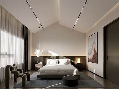 Modern Minimalist Bedroom Interior With King Bed Pendant Light Nightstands Curtains Area Rug And Artwork 3d model