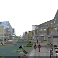 Modern Traditional Commercial Complex With Water Features Leisure Spaces And People Relaxing