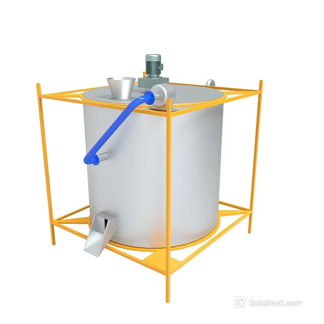 Industrial Tank With Yellow Frame Silver Body Blue Pipe Top Motor And Discharge Outlet 3d model 