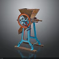 Vintage Grain Grinder With Blue Metal Frame Red Wheel Wooden Hopper And Base