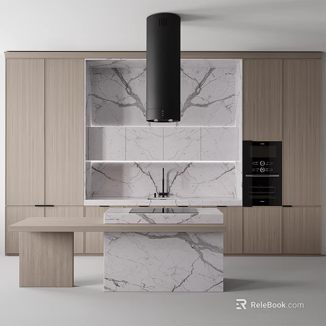 Modern Kitchen Interior With Wooden Cabinets Marble Island And Range Hood 3d model 
