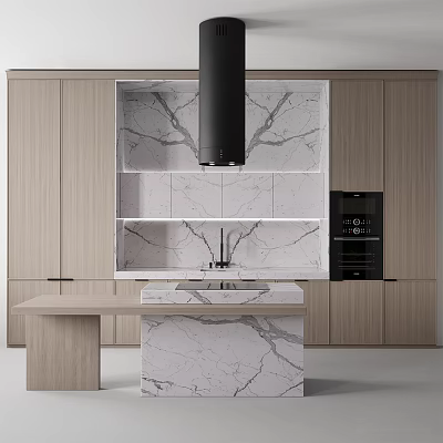 Modern Kitchen Interior With Wooden Cabinets Marble Island And Range Hood 3d model