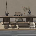 Natural Wooden Tea Table and Stools with Tea Set and Vase in Rustic Home