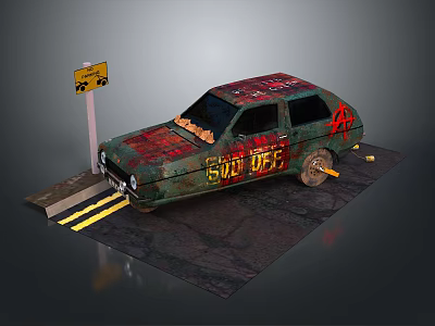 Old Broken Car Covered In Graffiti With Yellow Traffic Sign And Sloped Ground 3d model