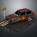 Old Broken Car Covered In Graffiti With Yellow Traffic Sign And Sloped Ground