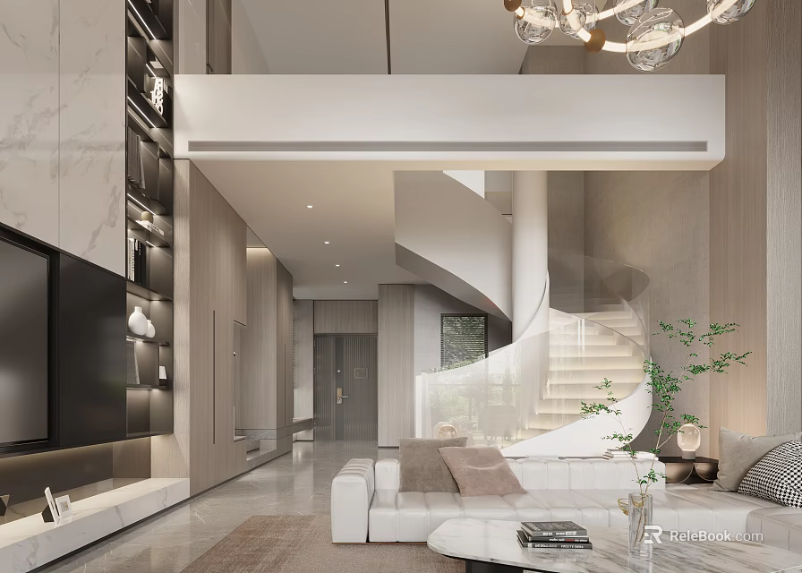 Modern Foyer Hallway Interior With Spiral Staircase And Elegant Decor 3d model 