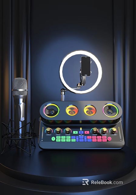 Mobile Digital Live Streaming Equipment With Ring Light Phone Stand Microphone And Audio Mixer 3d model 