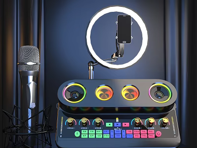 Mobile Digital Live Streaming Equipment With Ring Light Phone Stand Microphone And Audio Mixer 3d model