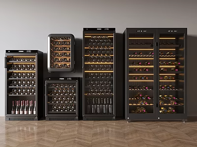 Black Wine Coolers of Various Sizes with Glass Doors Displaying Wine Bottles on Wooden Floor 3d model