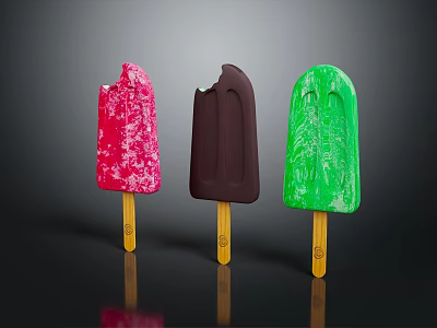Vibrant Pink Brown And Green Ice Cream Bars On Wooden Sticks Against Black Background 3d model