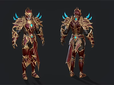 Elaborate Fantasy Armored Character With Gold Red Armor And Blue Accent Details 3d model
