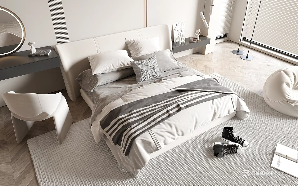 Modern Double Bed With Striped Bedding Neutral Tones And Minimalist Decor 3d model 