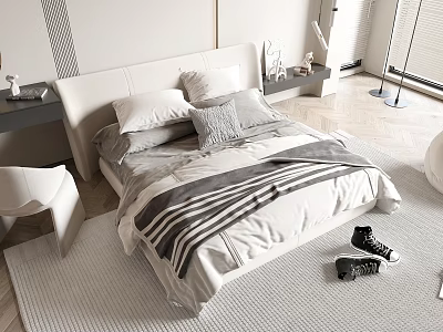 Modern Double Bed With Striped Bedding Neutral Tones And Minimalist Decor 3d model