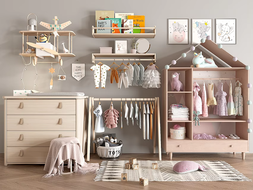 Kids Wardrobe With Hanging Clothes Storage Drawers And Decorative Elements In Bedroom 3d model 