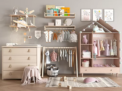 Kids Wardrobe With Hanging Clothes Storage Drawers And Decorative Elements In Bedroom 3d model