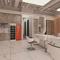 Modern Spacious Bright Beauty Salon Interior with Marble Flooring Mirrors and Tables Chairs