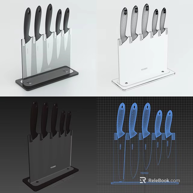 Modern Kitchen Knife Set With Sleek Stand And Multiple Blades In Black White Blue Designs 3d model 