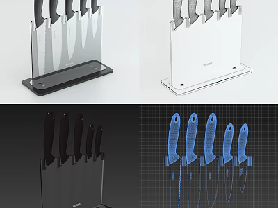 Modern Kitchen Knife Set With Sleek Stand And Multiple Blades In Black White Blue Designs 3d model