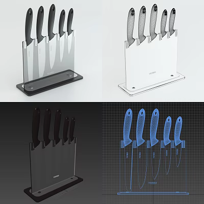 Modern Kitchen Knife Set With Sleek Stand And Multiple Blades In Black White Blue Designs 3d model