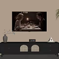 Living Room Black TV Console With Vase Clock Decor And Wall Art Of Dining Scene