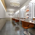 Modern Hair Salon Interior With White Shampoo Bowls Brown Chairs Product Shelves And Decorative Paintings