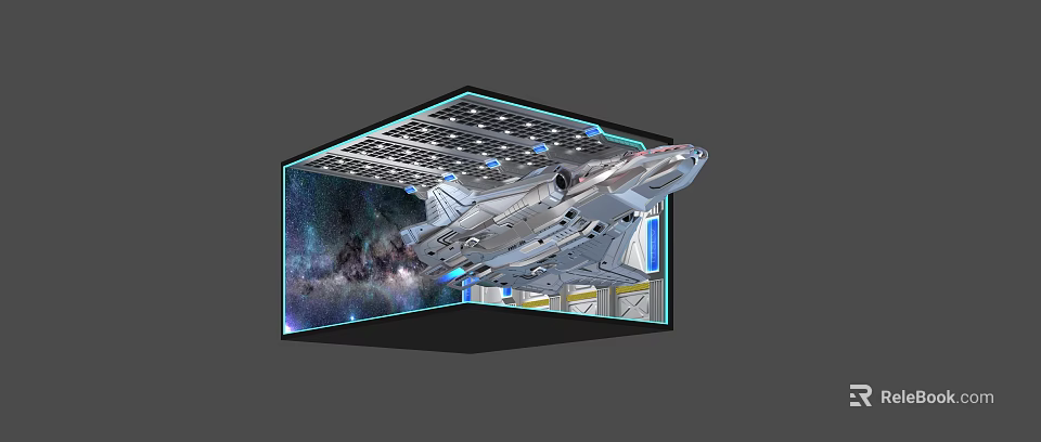 Detailed Futuristic Spaceship In Display Case With Starry Space And Solar Panels 3d model 