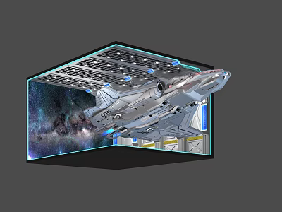 Detailed Futuristic Spaceship In Display Case With Starry Space And Solar Panels 3d model