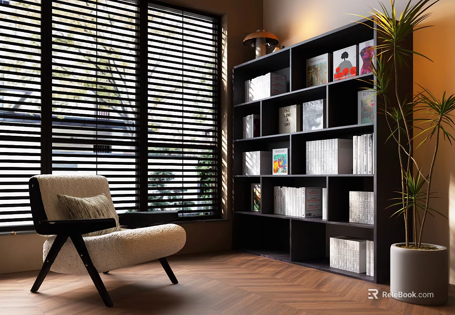 Black Bookcase With Books And Decorative Paintings By Window With Armchair And Plant 3d model 