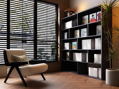 Black Bookcase With Books And Decorative Paintings By Window With Armchair And Plant 3d model