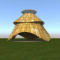Dome Shaped Structure With Yellow Striped Surface And Blue Circular Top On Green Grass Field