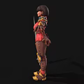 Woman Warrior in Red Outfit with Gold Armor Accents and Arms Outstretched Holding Sword