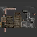 Vintage Industrial Storage Equipment With Wooden Crates Burlap Sacks And Metal Pipes