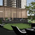 Modern Garden Landscape With Wooden Pavilion Greenery Lawn Water Feature Lounge Chairs And High-Rise Backdrop