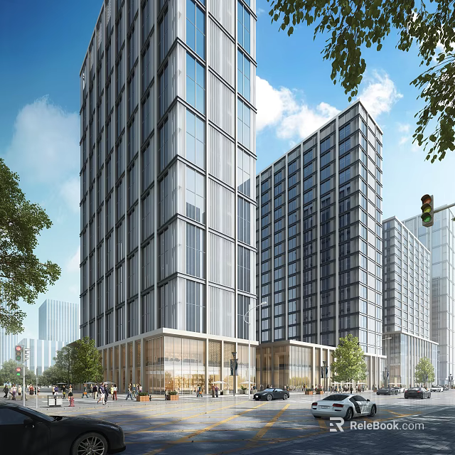 Modern High Rise Buildings With Glass Curtain Walls Urban Street Pedestrians Vehicles And Green Trees 3d model 