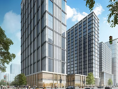Modern High Rise Buildings With Glass Curtain Walls Urban Street Pedestrians Vehicles And Green Trees 3d model