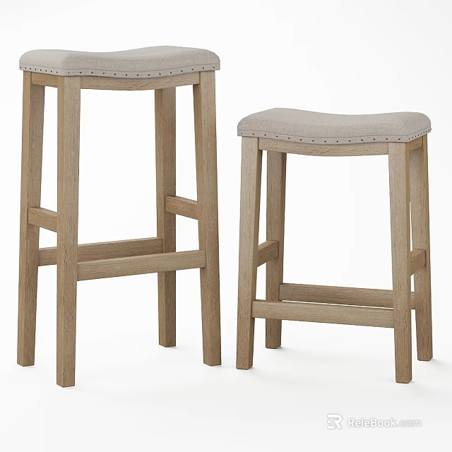 Light Wood Stools With Upholstered Seat And Stitched Design Detail 3d model 